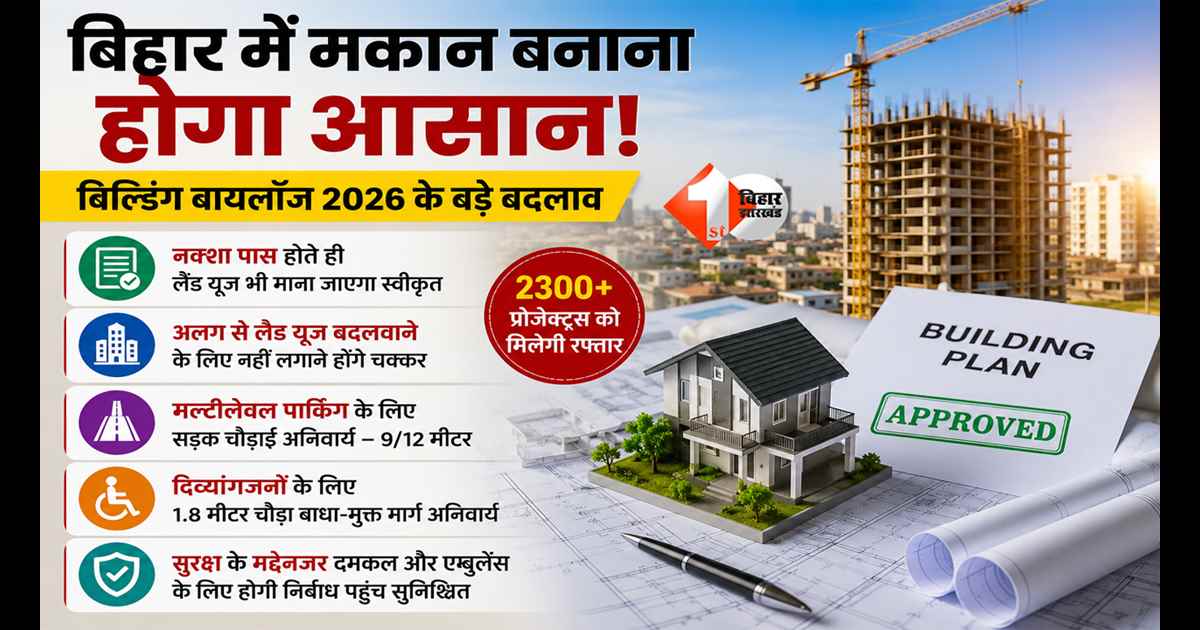 Bihar Building Bye Laws 2026 :  अब मकान और कमर्शियल बिल्डिंग बनाना होगा आसान! नक्शा पास होते ही मिलेगा लैंड यूज की मंजूरी