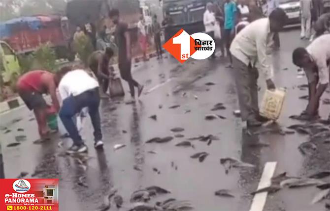 अनियंत्रित होकर बीच सड़क पर पलटा पीकअप वैन : लोगों में मछली लूटने की मच गई होड़