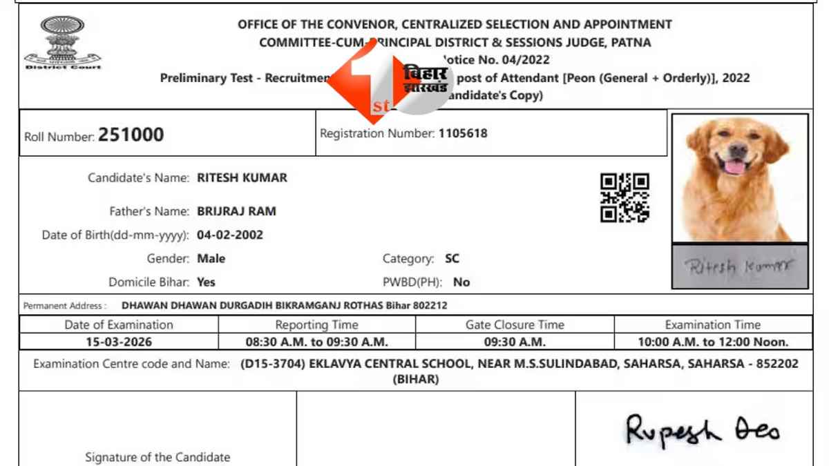 BIHAR NEWS : एडमिट कार्ड बना मजाक, कैंडिडेट की फोटो की जगह छपी कुत्ते की तस्वीर; जानिए क्या है पूरा मामला 