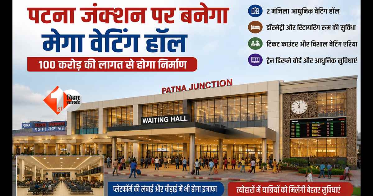 Bihar News : पटना जंक्शन पर अब मिलेगा एयरपोर्ट जैसा अनुभव! 100 करोड़ की लागत से बनेगा मेगा वेटिंग हॉल, यात्रियों को मिलेंगी हाईटेक सुविधाएं