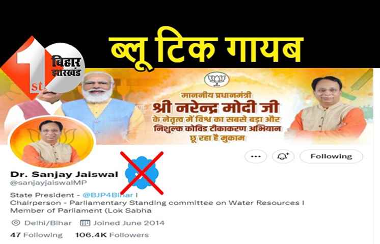 संजय जायसवाल का ट्विटर अकाउंट हुआ अनवेरीफाइड, कंपनी ने ब्लू टिक को हटाया