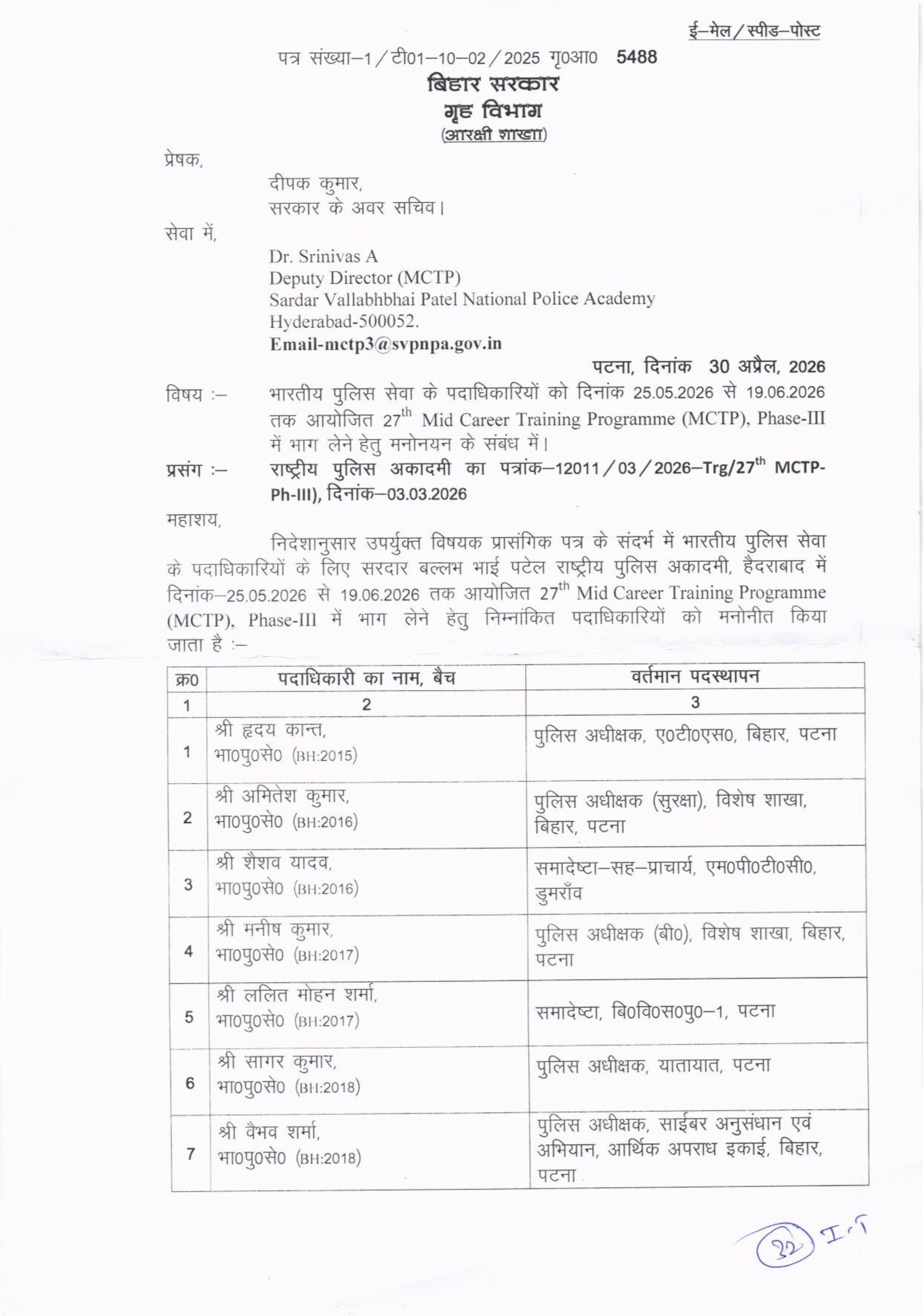 Bihar Ips Officer: बिहार कैडर के 10 IPS अफसर जा रहे ट्रेनिंग में, लिस्ट देखें....