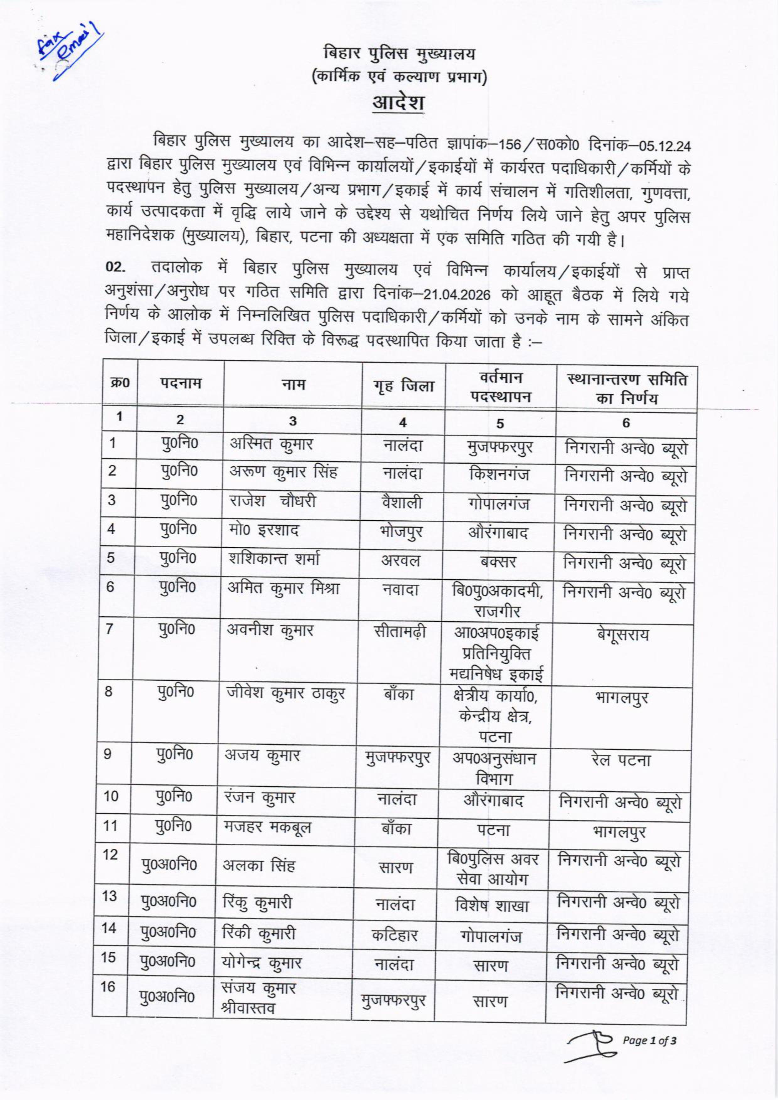 बिहार पुलिस में बड़ा फेरबदल: बड़े पैमाने पर पुलिस पदाधिकारियों का तबादला, देखिये पूरी लिस्ट