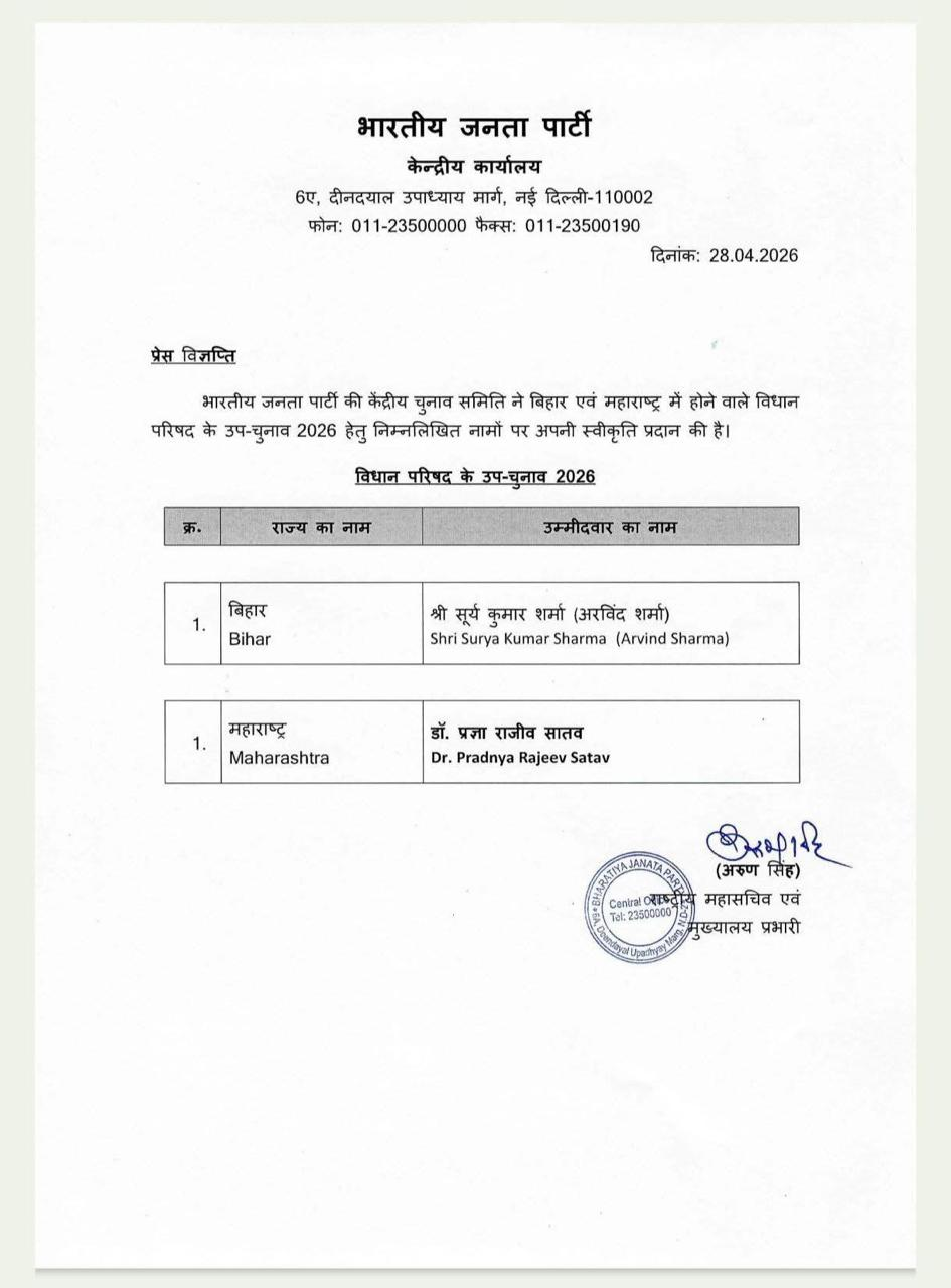 BJP ने विधान परिषद कैंडिडेट के नाम का किया ऐलान, बिहार से CM सम्राट के खास को बनाया गया उम्मीदवार....