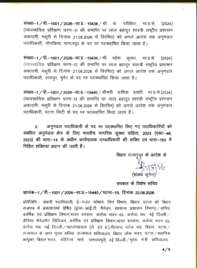 Bihar Ias Transfer: बिहार के 22 IAS अफसरों का तबादला, कई अनुमंडल में नए SDO,पूरी लिस्ट देखें...