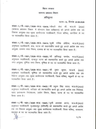 Bihar Ias Transfer: बिहार के 22 IAS अफसरों का तबादला, कई अनुमंडल में नए SDO,पूरी लिस्ट देखें...