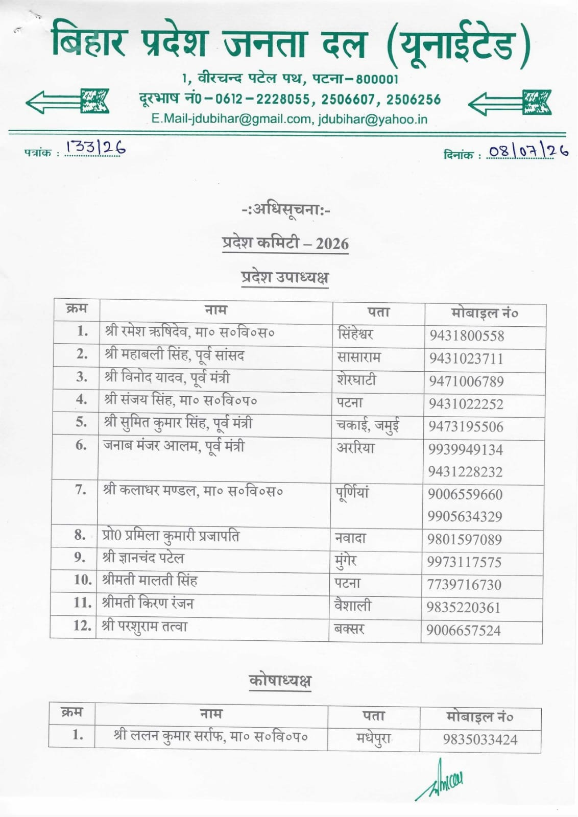 JDU Bihar की नई प्रदेश कमिटी की घोषणा: 38 महासचिव, 9 प्रवक्ता, 12 उपाध्यक्ष, ललन सर्राफ बने कोषाध्यक्ष, देखिये पूरी लिस्ट..