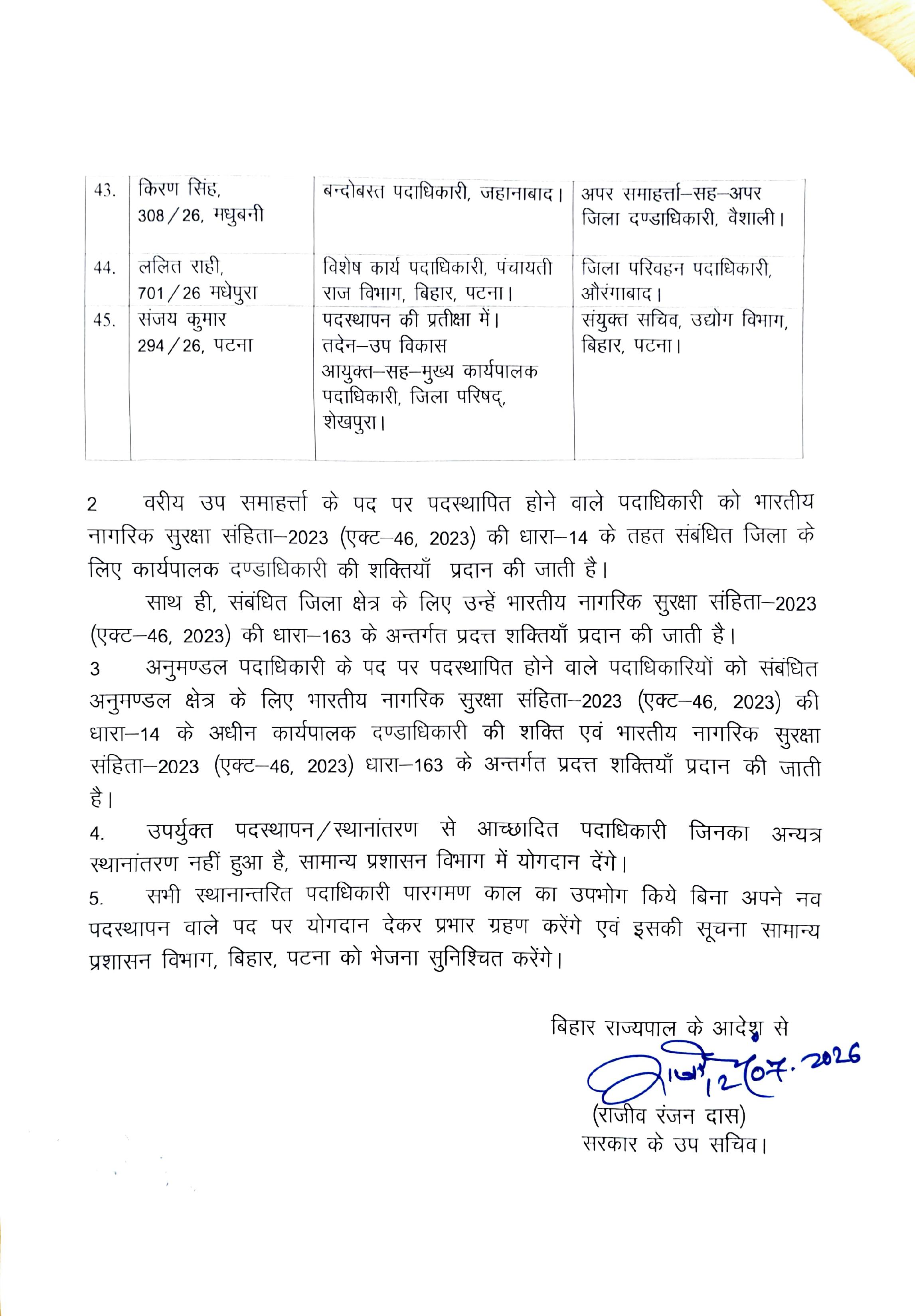 बिहार प्रशासनिक सेवा के 45 अफसरों का ट्रांसफर-पोस्टिंग, कई जिलों में नए DTO- SDO की तैनाती, देखिये पूरी लिस्ट