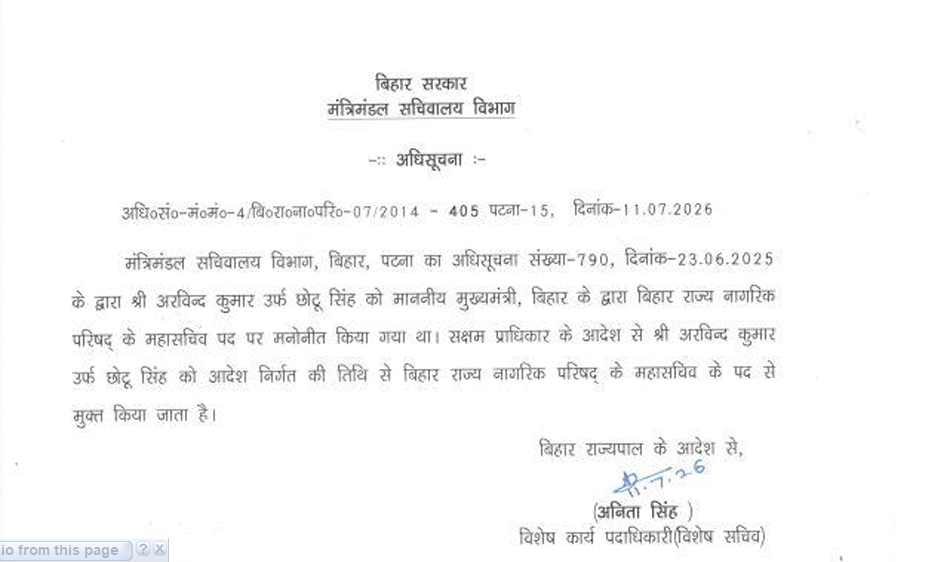 JDU से निष्कासन के बाद नागरिक परिषद से भी हटाए गए छोटू सिंह, कैबिनेट सचिवालय ने जारी किया आदेश