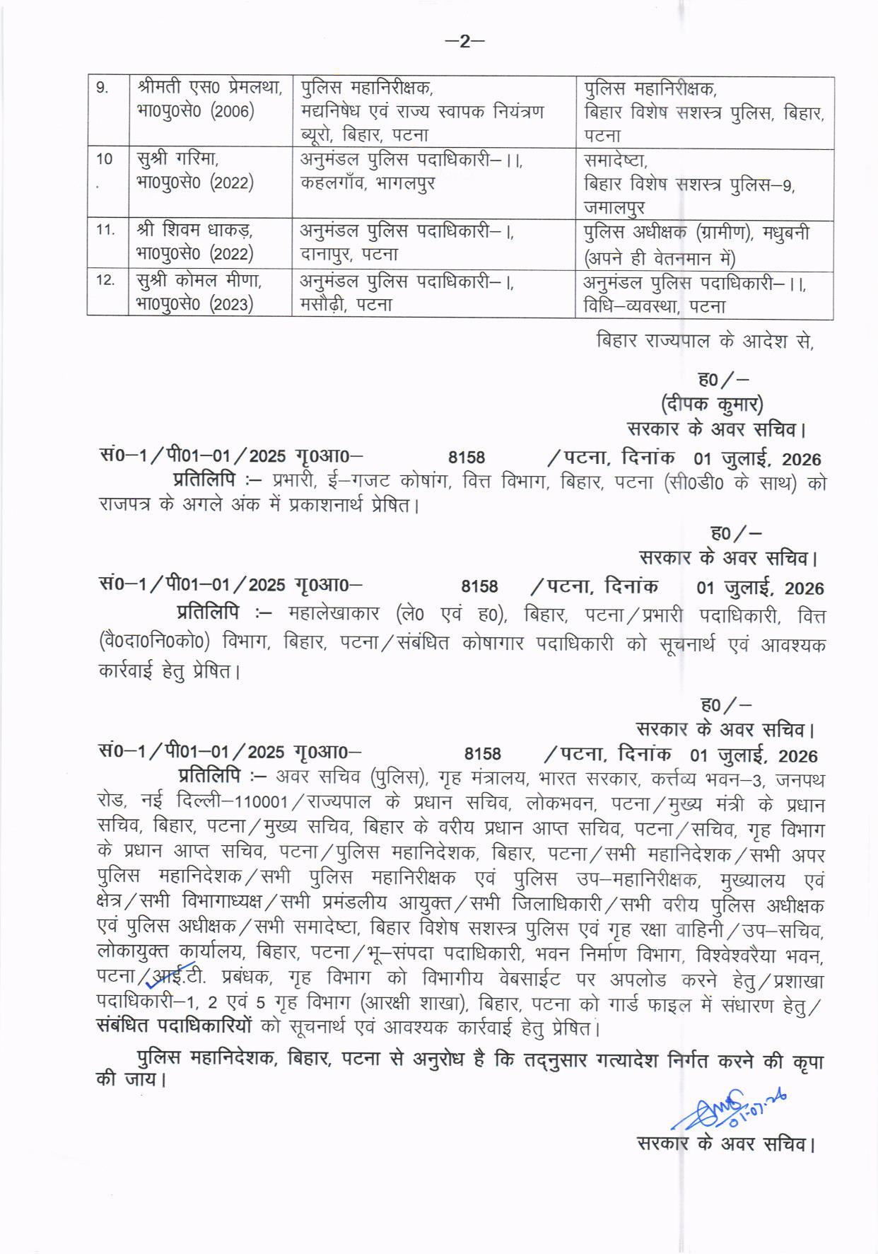 Bihar  Ips Transfer: बिहार के 12 आईपीएस अफसरों का ट्रांसफर, पकंज दाराद को SVU से हटाया गया.....