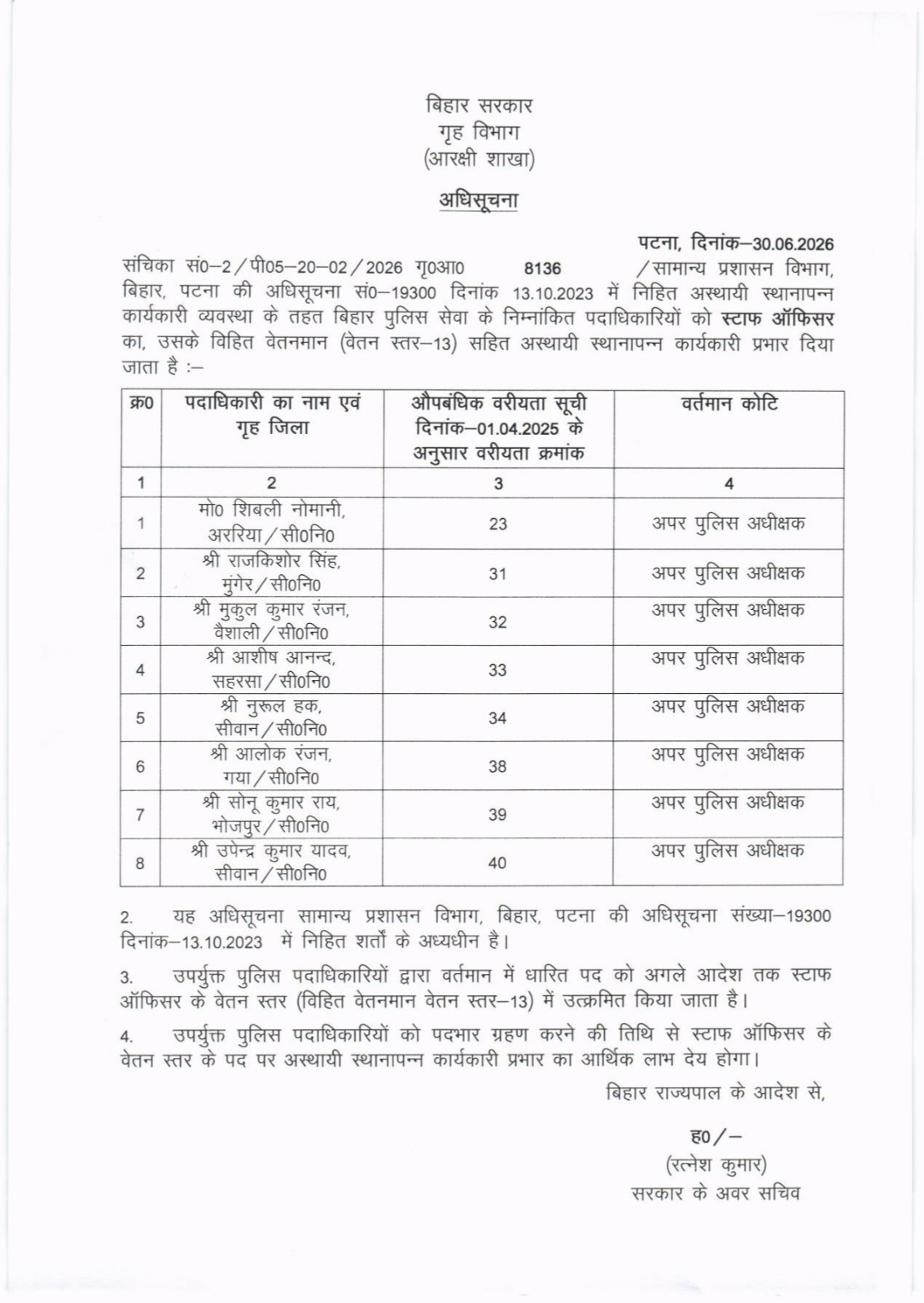 बिहार में बड़े पैमाने पर DSP का प्रमोशन, स्टाफ ऑफिसर से लेकर वरीय डीएसपी में मिली प्रोन्नति,लिस्ट देखें....
