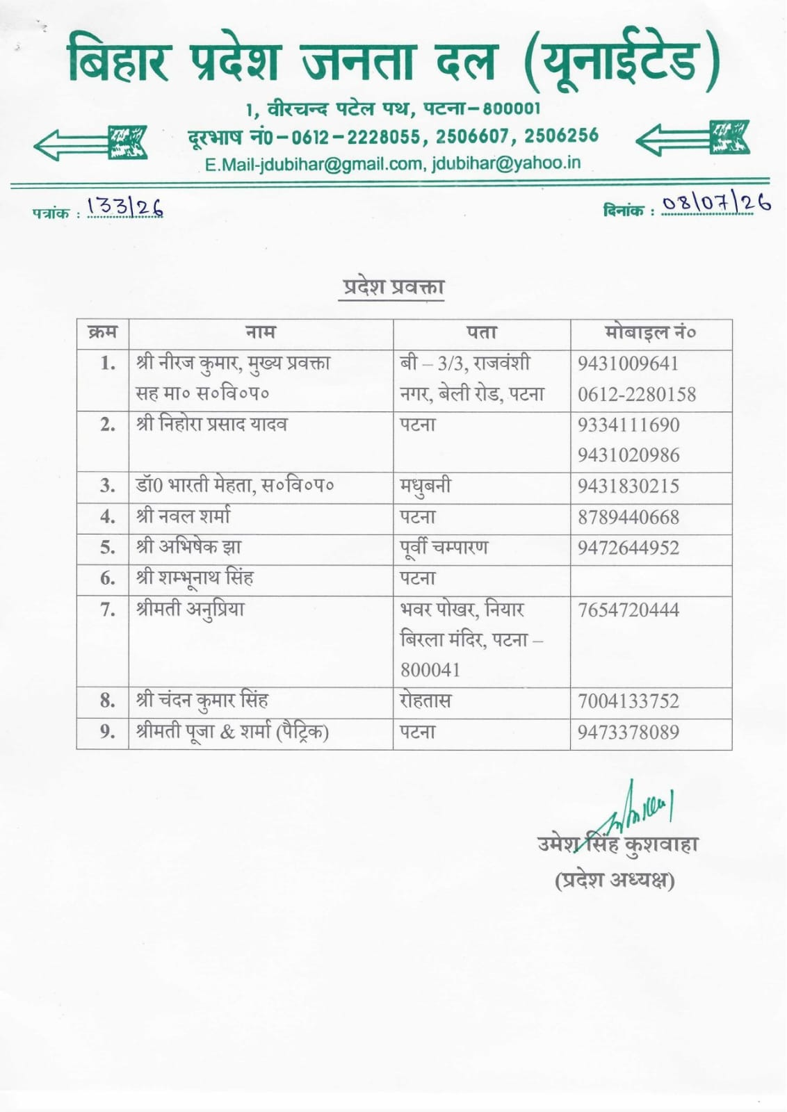 JDU Bihar की नई प्रदेश कमिटी की घोषणा: 38 महासचिव, 9 प्रवक्ता, 12 उपाध्यक्ष, ललन सर्राफ बने कोषाध्यक्ष, देखिये पूरी लिस्ट..