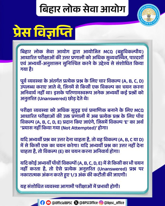 BPSC ने बदली परीक्षा प्रणाली: अब MCQ में 5वां विकल्प ‘E’ अनिवार्य, जवाब नहीं दिए तो कटेंगे नंबर