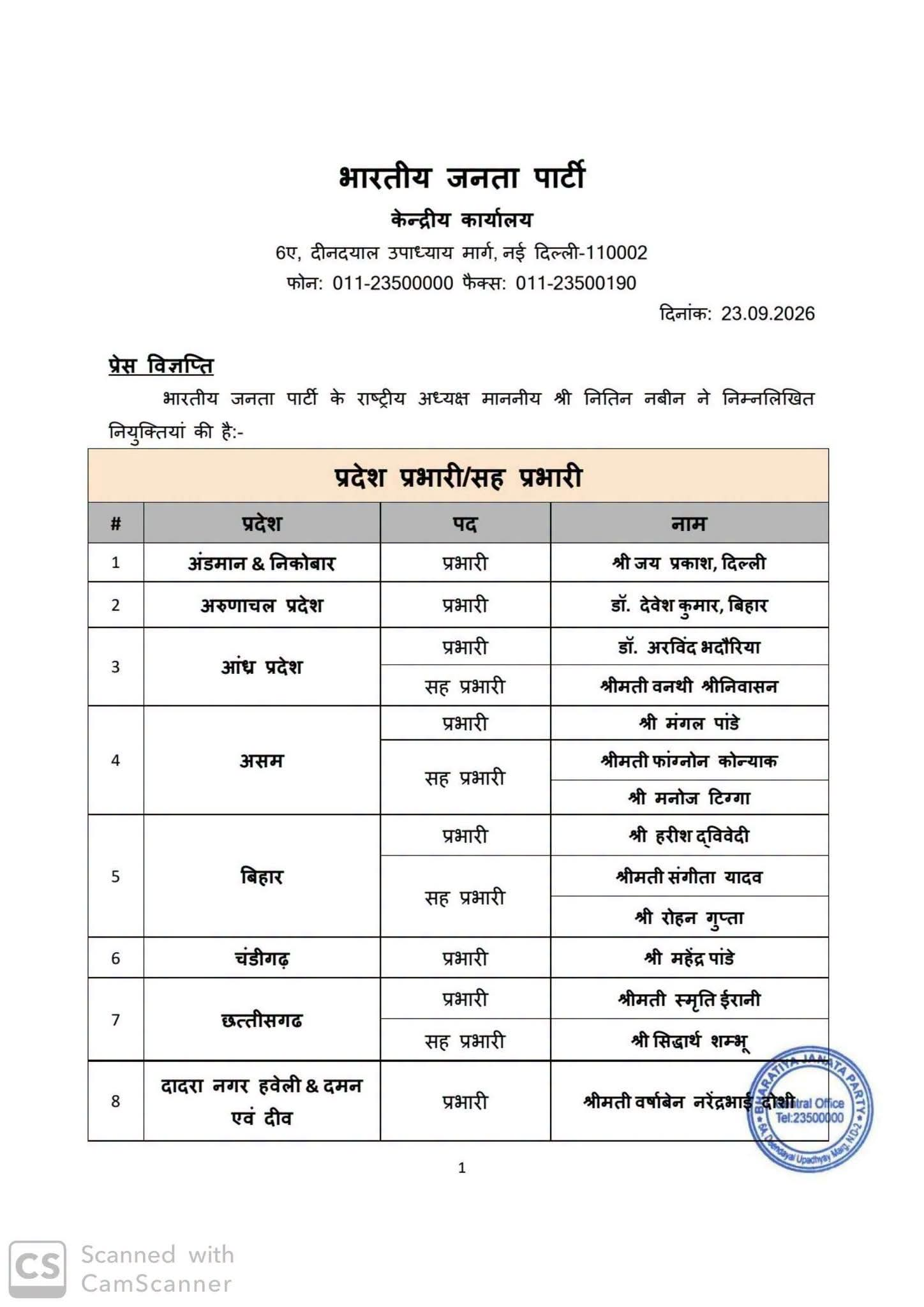 कई राज्यों के प्रभारी और सह प्रभारियों की लिस्ट BJP ने की जारी, स्मृति ईरानी को हरियाणा-छत्तीसगढ़, विनोद तावड़े को यूपी का प्रभार